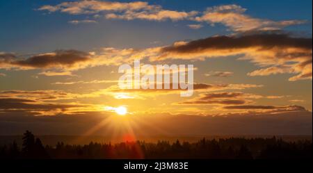 Sole d'oro che tramonta dietro le nuvole e l'orizzonte con raggi solari che inondano una foresta; Columbia Britannica, Canada Foto Stock