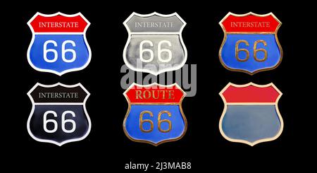 Serie di diverse indicazioni stradali americane Route 66 isolato su sfondo nero. Foto Stock