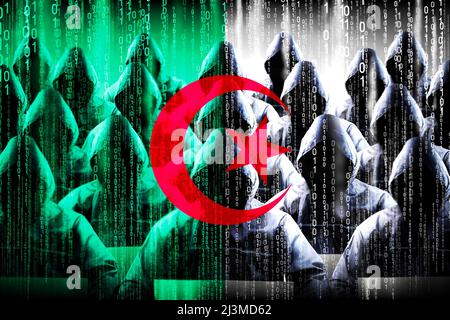 Hacker anonimi attaccati, bandiera di Algeria, codice binario - cyber attacco concetto Foto Stock