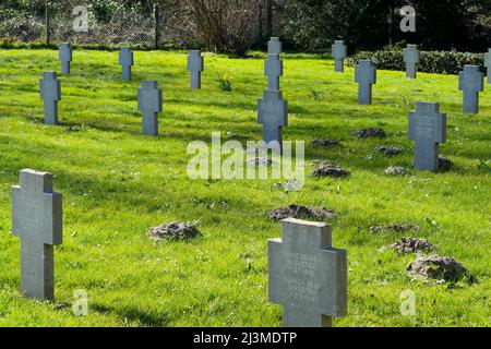 Tombe tedesche della prima Guerra Mondiale, necropoli militare, Zuydcoote, Nord, Hauts-de-France, Francia Foto Stock