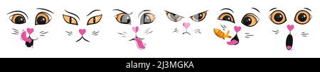 Set vettoriale di divertente gatto faccia emozioni isolato su sfondo bianco. Illustrazione Vettoriale