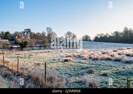 La mattina presto gelo e luce del sole attraverso un campo in Adderbury, Oxfordshire, Inghilterra Foto Stock