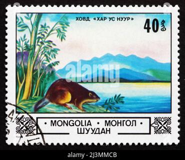 MONGOLIA - CIRCA 1982: Un francobollo stampato in Mongolia mostra Beaver, Lago Hovd, circa 1982 Foto Stock