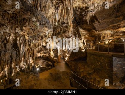 LURAY, VA/USA - 31 marzo 2022: Percorso attraverso la gola di Skeleton fino alla colonna della principessa, Luray Caverns, Luray, Virginia. Foto Stock