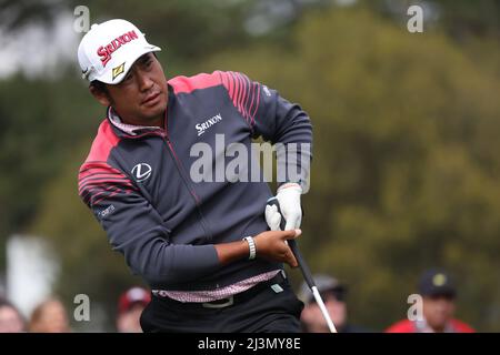 Georgia, Stati Uniti d'America. 08th Apr 2022. Il Japans Hideki Matsuyama si trova a 10th buche durante il secondo round del torneo di golf Masters 2022 all'Augusta National Golf Club di Augusta, Georgia, Stati Uniti, il 8 aprile 2022. Credit: Koji Aoki/AFLO SPORT/Alamy Live News Credit: AFLO Co. Ltd./Alamy Live News Foto Stock