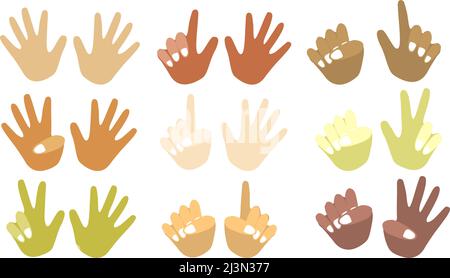 Kit di conteggio delle dita per la scuola di matematica mentale, corsi di matematica, ragazzi creativi. Palme di colori diversi, razze diverse. Conteggio delle dita. Matematica. Desi moderni Illustrazione Vettoriale