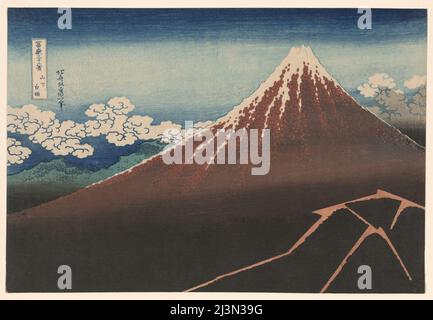 Doccia sotto la cima (Sanka hakuu), dalla serie "trentasei viste del Monte Fuji (Fugaku sanjurokkei)", Giappone, c.. 1830/33. Foto Stock