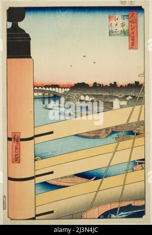 Nihon Bridge e Edo Bridge (Nihonbashi, Edobashi), dalla serie "cento viste famose di Edo (Meisho Edo hyakkei)", 1857. Foto Stock