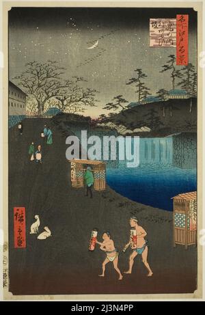 AOI Slope, fuori porta Tora (Toranomon-soto Aoizaka), dalla serie "cento viste famose di Edo (Meisho Edo hyakkei)", 1857. Foto Stock