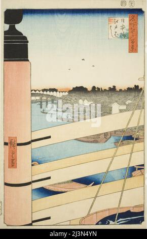 Nihon Bridge e Edo Bridge (Nihonbashi, Edobashi), dalla serie "cento viste famose di Edo (Meisho Edo hyakkei)", 1857. Foto Stock