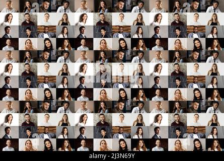 Collage di un sacco di popolare felice.Headshots raccolta, collage mosaico. Molti molti molti diversi multiculturali maschi e femmine sorridenti volti guardando ca Foto Stock