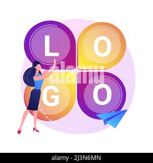Design del logo. Creazione di slogan aziendali, branding aziendale, identità. Grafico designer di carattere piatto alla ricerca di un'idea competitiva di logotipo. Isolo vettoriale Illustrazione Vettoriale