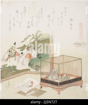 Rane in una gabbia prima di uno schermo dipinto, illustrazione per la Dry-Shenows Shell (Minasegai), dalla serie "A Matching Game with Genroku-period poem shell (Genroku kasen kai awase)", Giappone, 1821. Foto Stock