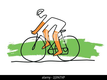 Ciclista, cartoon stilizzato line art. Semplice illustrazione stilizzata del ciclista su sfondo verde espressivo. T-shirt design. Vettore disponibile. Illustrazione Vettoriale