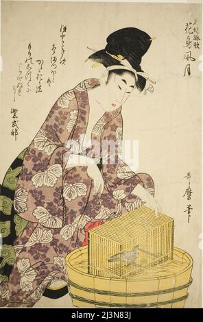 Murasaki Shikibu: Uccello, dalla serie "le donne famose e le loro poesie su fiori, uccelli, vento, e Luna (Meifu eika kacho fugetsu)", Giappone, c. 1805. Foto Stock