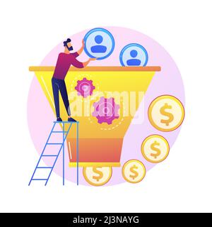 Manager che lavora con il personaggio cartoon del pubblico di destinazione. Processo di marketing, conversione dei clienti, visitatori del sito web. Generazione di lead, attrazione per i clienti. Illustrazione Vettoriale