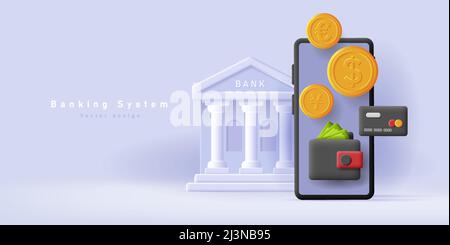 3d illustrazione di uno smartphone con portafoglio e conteggi e carta di credito con edificio bancario sullo sfondo. Illustrazione vettoriale Illustrazione Vettoriale