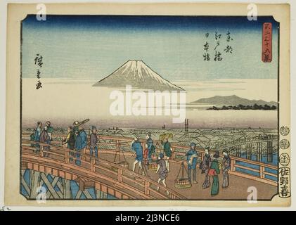 Ponte Edo e Ponte Nihon nella capitale orientale (Toto Edobashi Nihonbashi), dalla serie "trentasei viste del Monte Fuji (Fuji sanjurokkei)", 1852. Foto Stock