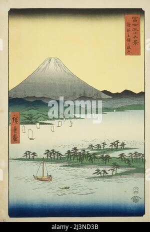 Pine Beach a Miho nella provincia di Suruga (Suruga Miho no matsubara), dalla serie "trentasei viste del Monte Fuji (Fuji sanjurokkei)", 1858. Foto Stock