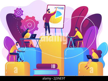 Dipendenti con notebook che imparano in formazione professionale. Istruzione interna, formazione dei dipendenti, concetto di programma di sviluppo professionale. Vibrazione luminosa Illustrazione Vettoriale
