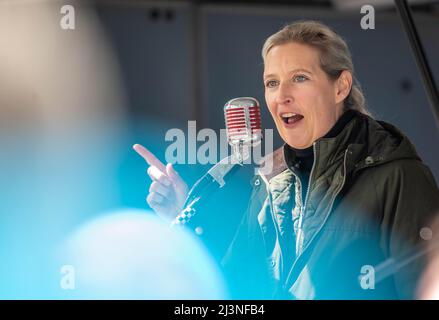 Gelsenkirchen, Germania. 09th Apr 2022. Alice Weidel, leader del gruppo parlamentare AFD del Bundestag, parla al lancio della campagna AFD nella Renania settentrionale-Vestfalia. Le elezioni di Stato si terranno a NRW il 15 maggio. Credit: Caroline Seidel-Dissmann/dpa/Alamy Live News Foto Stock