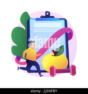 Piano di allenamento. Personaggio cartoon che si adatta. Muscolo costruzione, perdita di grasso, fitness. Uomo che fa esercizi di sollevamento pesi con manubri e corsa. Vettore Illustrazione Vettoriale