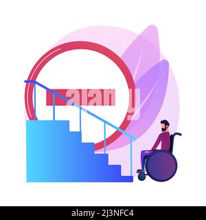 Pavimentazione per disabili. Mancanza di condizioni per le persone con disabilità. Donna portatrice di handicap su sedia a rotelle. Ambiente privo di barriere, accesso Illustrazione Vettoriale