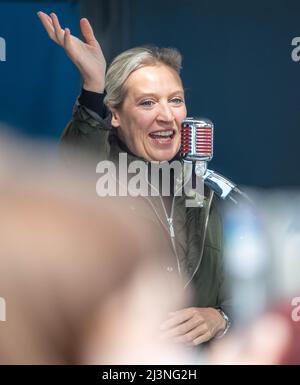 Gelsenkirchen, Germania. 09th Apr 2022. Alice Weidel, leader del gruppo parlamentare AFD nel Bundestag, ondeggia al lancio della campagna AFD nella Renania settentrionale-Vestfalia. Le elezioni di Stato si terranno a NRW il 15 maggio. Credit: Caroline Seidel-Dissmann/dpa/Alamy Live News Foto Stock