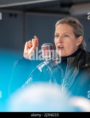 Gelsenkirchen, Germania. 09th Apr 2022. Alice Weidel, leader del gruppo parlamentare AFD del Bundestag, parla al lancio della campagna AFD nella Renania settentrionale-Vestfalia. Le elezioni di Stato si terranno a NRW il 15 maggio. Credit: Caroline Seidel-Dissmann/dpa/Alamy Live News Foto Stock