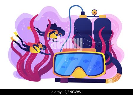 Subacquei che nuotano sotto l'acqua e maschera con snorkeling, persone piccole. Scuola di immersione, migliore immersione commerciale, concetto di programma subacqueo a tutti i livelli. Luminoso Illustrazione Vettoriale