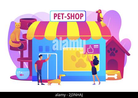 Negozio di animali domestici, cura del cane. Prodotti animali. La gente che acquista per i loro animali domestici. Negozio di animali, migliori forniture per animali, negozio di articoli per animali domestici concetto e-shop. Vi luminoso e vivace Illustrazione Vettoriale