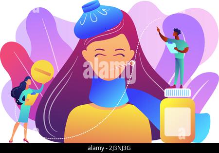 Donna malata con sintomi influenzali e freddi e medici, minuscoli. Influenza stagionale, malattie respiratorie contagiose, concetto di trattamento dei virus influenzali. BRI Illustrazione Vettoriale