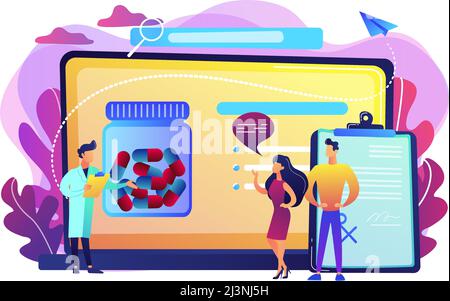 Minuscoli, medico che prescrive la medicina ai pazienti in linea. Sistema di prescrizione online, sistema di gestione delle prescrizioni, concetto di farmacia online. Brig Illustrazione Vettoriale