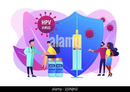 Farmaco per infezione da HPV. Prevenzione dei virus. Vaccinazione contro l'HPV, protezione contro il cancro cervicale, concetto di programma di vaccinazione contro il papillomavirus umano. BRI Illustrazione Vettoriale