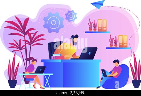 Uomini d'affari che lavorano in un moderno ufficio ecologico con piante e fiori. Camera dal design biofilo, area di lavoro ecocompatibile, concetto di ufficio ecologico. BR Illustrazione Vettoriale