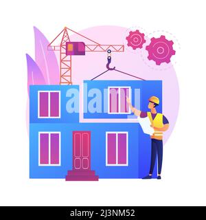 Illustrazione vettoriale del concetto astratto domestico modulare. Costruzione modulare, costruzione permanente di fondazione, trasporto di componenti domestici prefabbricati, Illustrazione Vettoriale