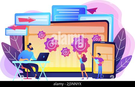 Tester e sviluppatori lavorano con notebook e tablet. Fondazioni di bug multipiattaforma, identificazione di bug e concetto di team di testing su sfondo bianco. Luminoso Illustrazione Vettoriale