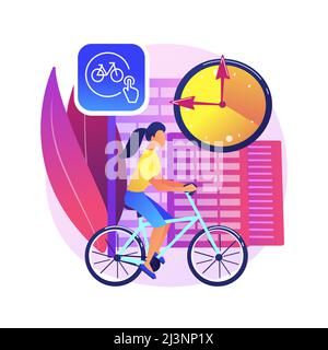 Illustrazione vettoriale del concetto astratto di condivisione della bicicletta. Noleggio pubblico di biciclette, applicazione di condivisione di biciclette, trasporto urbano verde, prenotare un giro online, ec Illustrazione Vettoriale