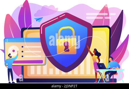 Gli analisti della sicurezza proteggono i sistemi connessi a Internet con Shield. Sicurezza informatica, protezione dei dati, concetto di cyberattacchi su sfondo bianco. Vi luminoso Illustrazione Vettoriale