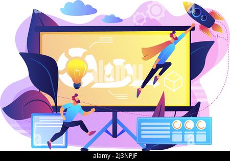 Membro del team di sviluppo e master scrum che lavorano al progetto Agile per i proprietari dei prodotti e gli stakeholder. Concetto di gestione dei progetti agile. Brillante e vivace Illustrazione Vettoriale