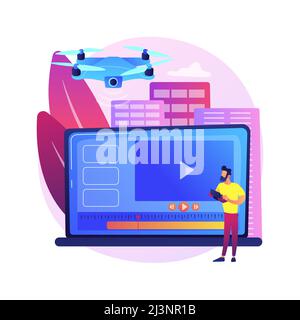 Illustrazione vettoriale del concetto astratto della videografia aerea. Servizio di drone aereo, società di videografia, produzione video professionale, film per eventi, commercio Illustrazione Vettoriale