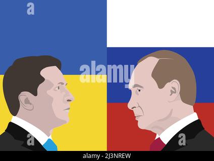 5 aprile 2022: Illustrazione di un ritratto di Volodymyr Zelenskyy, il Presidente dell'Ucraina e Vladimir Putin, presidente della Russia Foto Stock