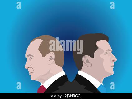 5 aprile 2022: Illustrazione di un ritratto di Volodymyr Zelenskyy, il Presidente dell'Ucraina e Vladimir Putin, presidente della Russia Foto Stock