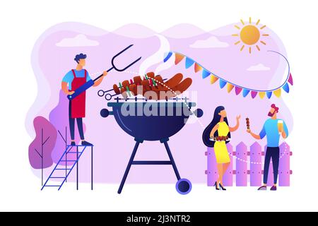 Vicino a personaggi piatti che grigliano le salsicce. Persone che mangiano, facendo un picnic sulla natura. Party sul cortile, barbecue sul cortile, idee per le feste degli amici. Brigata Illustrazione Vettoriale