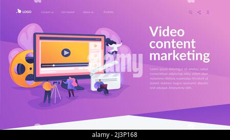 Marketing creazione e distribuzione di contenuti video, piccole persone. Marketing di contenuti video, strategia di marketing video, concetto di strumento di marketing digitale. Web Illustrazione Vettoriale