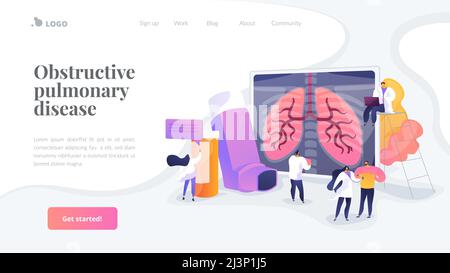 Paziente affetto da sintomi allergici di asma. Trattamento polmonite. Malattia polmonare ostruttiva, bronchite cronica, concetto enfisema. Ho sito web Illustrazione Vettoriale