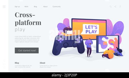 Gioco multipiattaforma, cross-play, gioco multipiattaforma su diversi concept hardware di videogiochi. Pagina Web di destinazione dell'intestazione della homepage del sito Web. Illustrazione Vettoriale