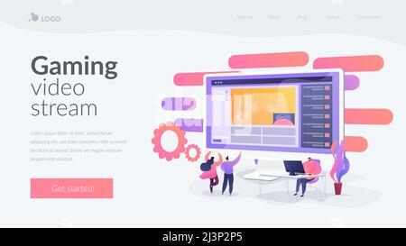 Videogamer al computer streaming e commentando il processo di gioco, minuscoli. Video game walkthrough, contenuti video popolari, concetto di streaming video di gioco. Noi Illustrazione Vettoriale