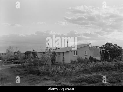 Tipo di casa a "Garden Homes", Kern County, California. Venti case di questo tipo sono state completate e sono occupate su un tratto adiacente al campo di lavoro migratorio di Arvin. L'affitto è di otto dollari e venti centesimi al mese, che include l'elettricità e l'acqua. Foto Stock