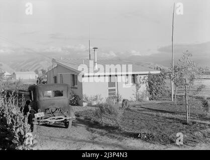 Tipo di casa a "Garden Homes", Kern County, California. Venti case di questo tipo sono state completate e sono occupate su un tratto adiacente al campo di lavoro migratorio di Arvin. L'affitto è di otto dollari e venti centesimi al mese, che include l'elettricità e l'acqua. Foto Stock